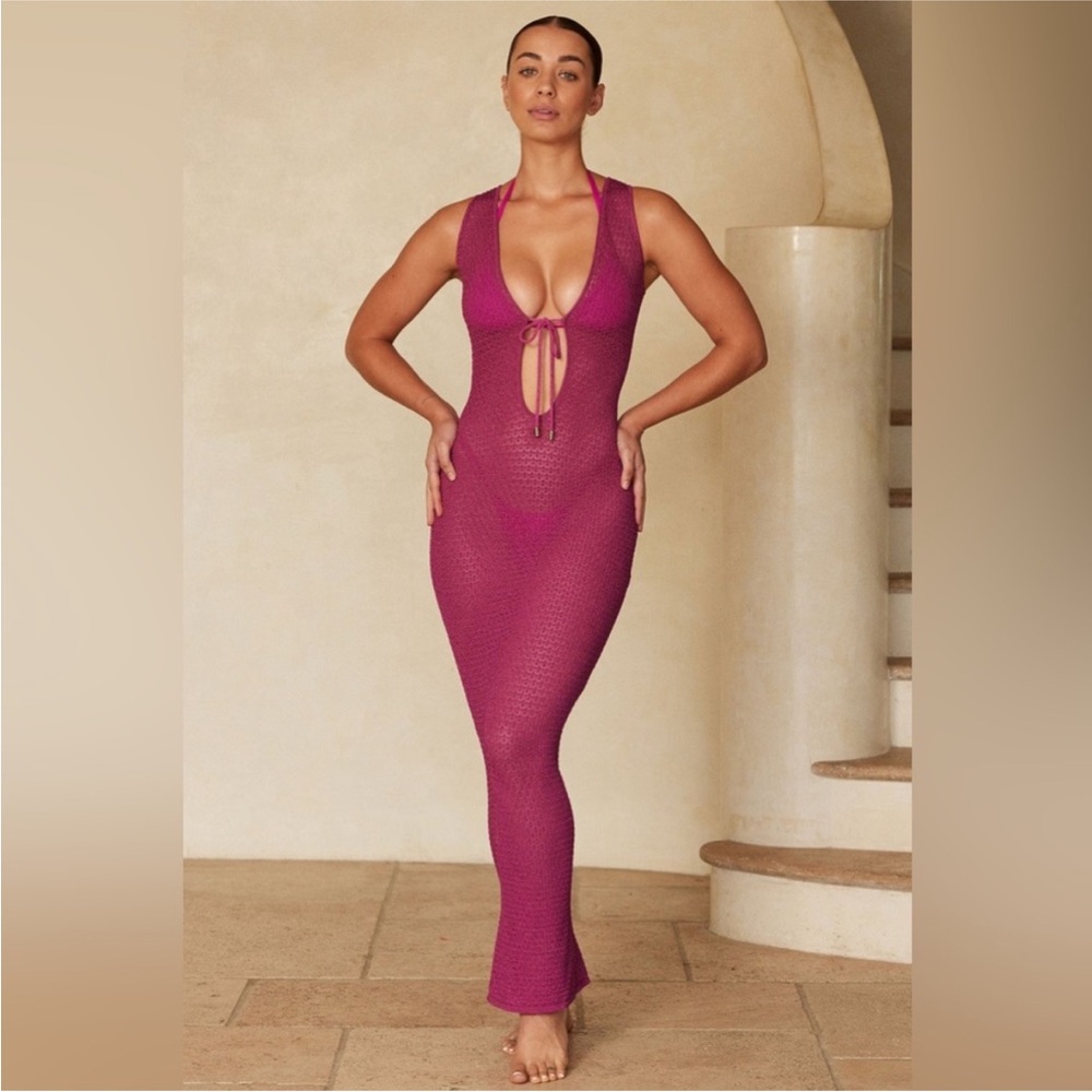 Monday Swimwear Magenta Crochet Halter Swim Coverup